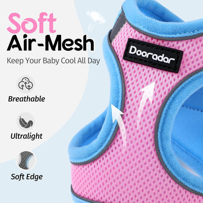 Dooradar Cat Harness and Leash Set, Escape Proof Lightweight Kitten Harness, Soft Breathable Reflective Vest for Outdoor Walking Traveling, Adjustable for Large Cats, Pink & Blue, L