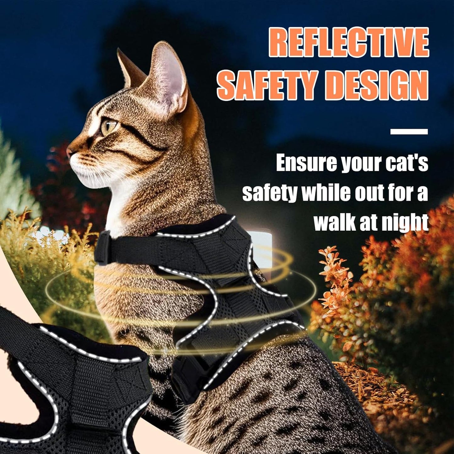 Cat Harness and Leash Set,Escape Proof Adjustable Cat Harness,Soft and Breathable Kitten Harness and Leash with Reflective Strips for Walking and Traveling(Black,XS)