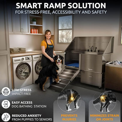 KANIS Professional Dog Washing Station - 304 Stainless Steel Pet Wash Sink & Grooming Bathtub w/Shower, Floor Grates and Storage for Large, Medium & Small Pets (50", 1 Drawer - Left Ramp)