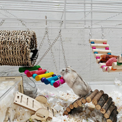 Hamiledyi Hamster Hanging Hammock Basket 3 Piece Wooden Rat Ladder Swing Set Cage Clmbing Toys for Syrian Hamster Sugar Glider Bird Mice Playing Sleeping