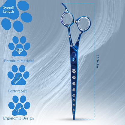 Professional Dog Grooming Scissors/Shears, Straight, with Paw Prints for Dogs, Cats & Pets (Right Handed, Blue, Stainless Steel 8 Inch)