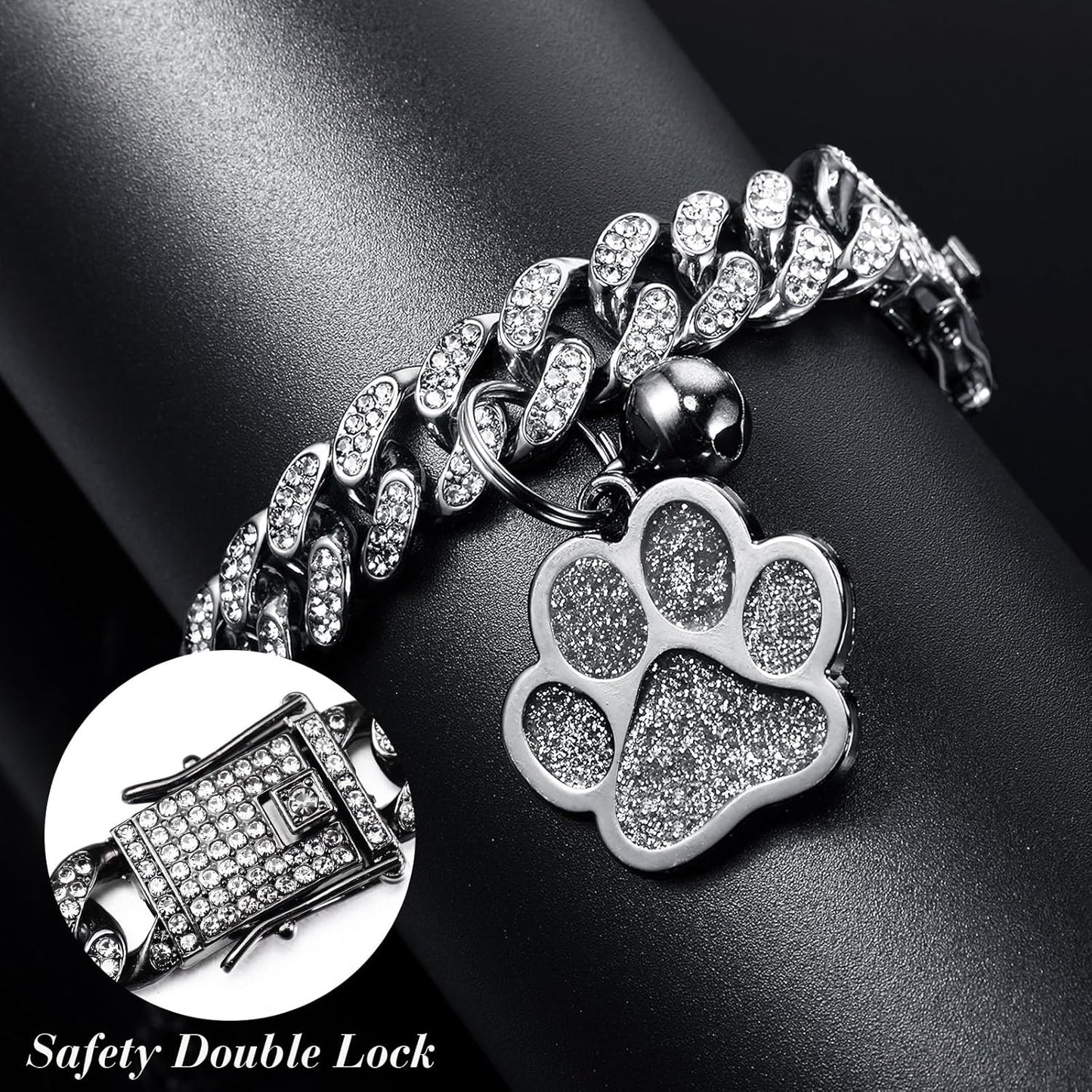 Hillban Cat Collar Diamond Chain Glitter Collar Walking Metal with Secure Buckle Cat Pet Necklace with Paw Charm and ID Tag Bell Link Cuban Jewelry Accessories(8 Inch,Steel Black, White)