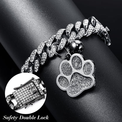 Hillban Cat Collar Diamond Chain Glitter Collar Walking Metal with Secure Buckle Cat Pet Necklace with Paw Charm and ID Tag Bell Link Cuban Jewelry Accessories(8 Inch,Steel Black, White)