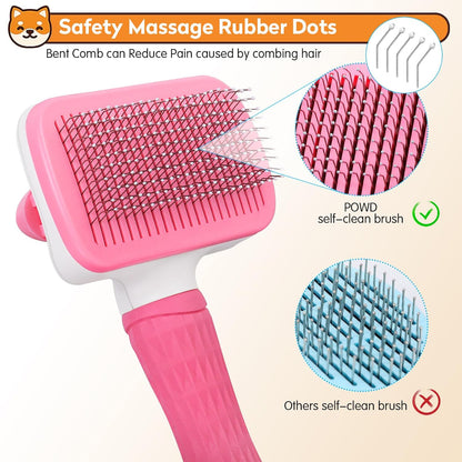 Dog & Cat Brush, Self Cleaning Slicker Brush for Pets, Upgraded Dog Brush for Shedding Massaging and Grooming, Removes Loose Undercoat & Portable Comb for Long Short Haired Dogs(Pink)