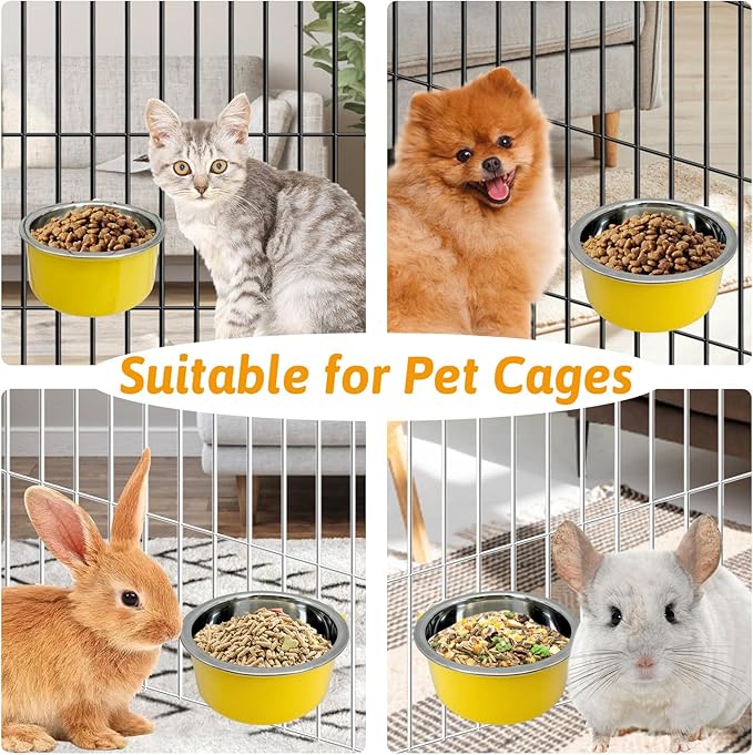 Hamiledyi Crate Dog Bowl Cat - Removable Stainless Steel Hanging No Spill Pet Bowl for Kennels Durable Detachable Design Fits Small Medium Dog Cages (2 Pcs, Yellow