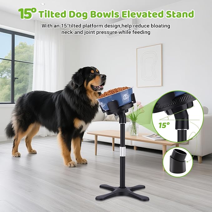 Elevated Dog Bowls for Large and Extra Large Dogs,Adjustable Width Dog Bowl Stand for 5.5-9.5" Wide Bowls,Food and Water Feeder,Single Holder with Tilted Height Adjust 12.4''-18.9'' (1 Pack)