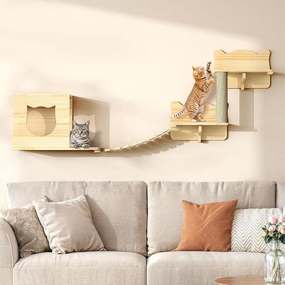 Wood Cat Wall Shelves, Cat Wall Furniture Solid Wooden Feline Shelf, 5 Piece Shelves and Perches with Bed, House, Steps, Bridge Ladder and Scratching Post