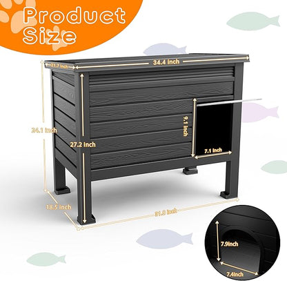 DRATO Outdoor Cat House,Weatherproof Feral Cat Shelter with Raised Floor,Warm,PP Material,Outdoor Feral Cat House for Cats and Small Animals,with Door,Easy to Assemble (Black, Large)