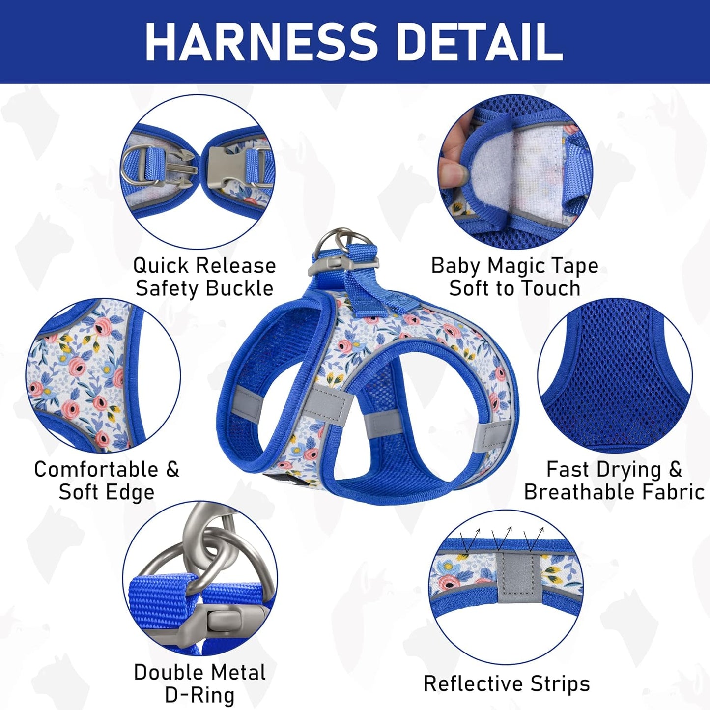 GAMUDA Small Dog Harness Collar and Leash Set, Step in No Chock No Pull Soft Mesh Adjustable Dog Vest Harnesses Plaid Reflective for Dogs Puppy Cats Kitten Rabbit (Blue Flower, XXS)