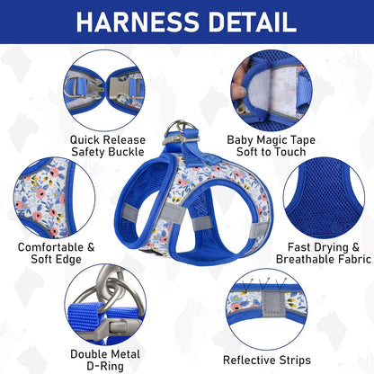 GAMUDA Small Dog Harness Collar and Leash Set, Step in No Chock No Pull Soft Mesh Adjustable Dog Vest Harnesses Plaid Reflective for Dogs Puppy Cats Kitten Rabbit (Blue Flower, M)