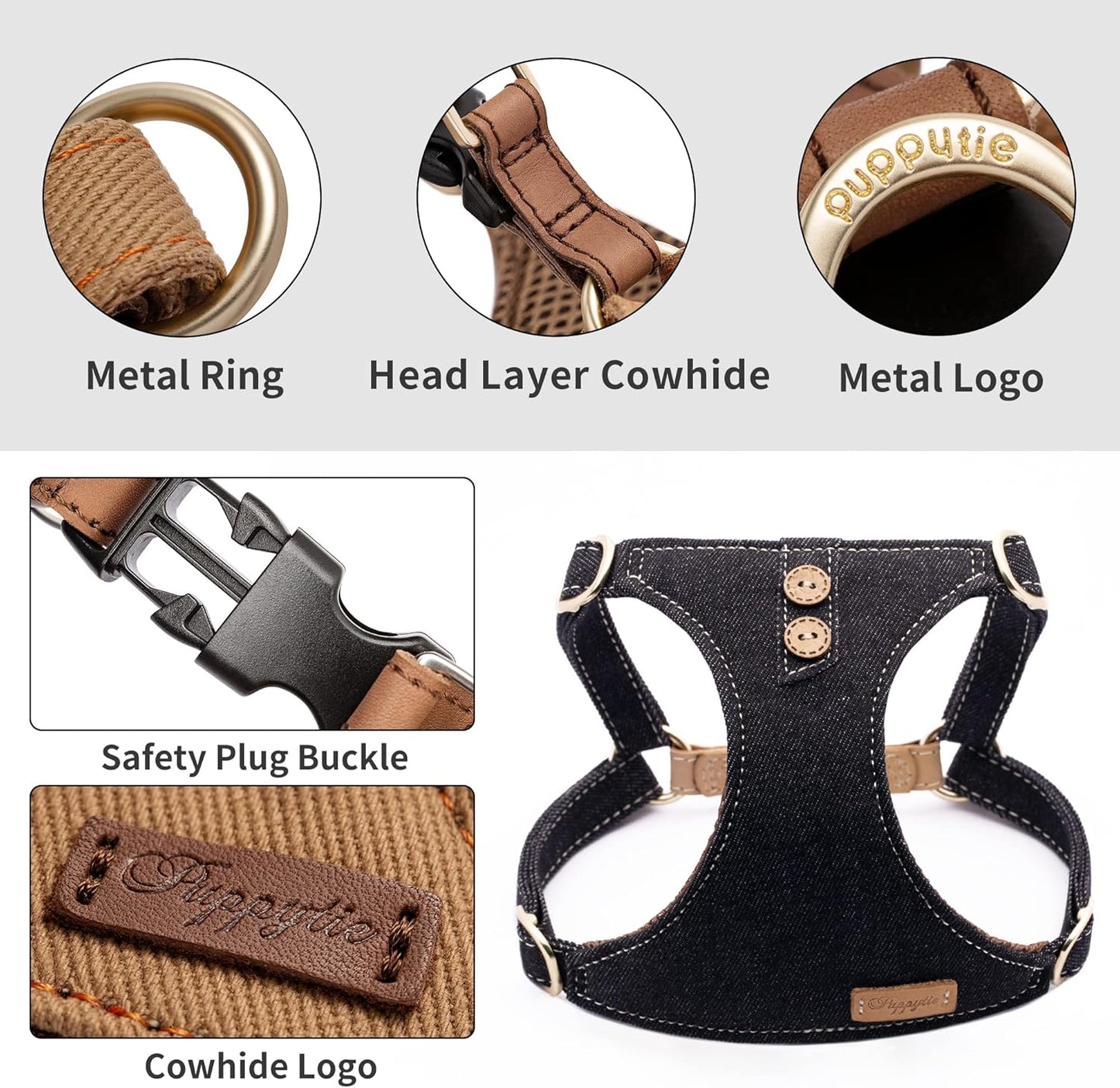 Dog Harness, No Pull Dogs Harness and Multi-Function Leash Set for Medium Dogs Easy Walk Everyday Adjustable Soft Dog Vest Harness Fashionable Dog Accessories Black-Button-L