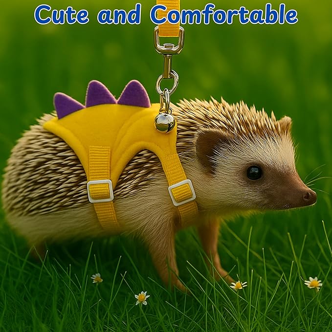 Adjustable Hedgehog Leash and Harness with Safe Bell, Dinosaur Shaped Harness Leash for Training Playing, Hamster Clothes for Ferret Guinea Pig Hamster, Hedgehog Accessories (Yellow)