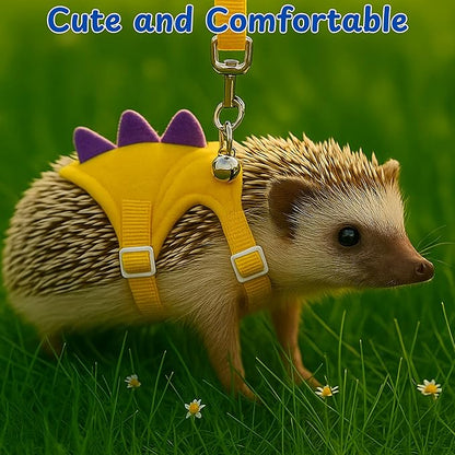 Adjustable Hedgehog Leash and Harness with Safe Bell, Dinosaur Shaped Harness Leash for Training Playing, Hamster Clothes for Ferret Guinea Pig Hamster, Hedgehog Accessories (Yellow)