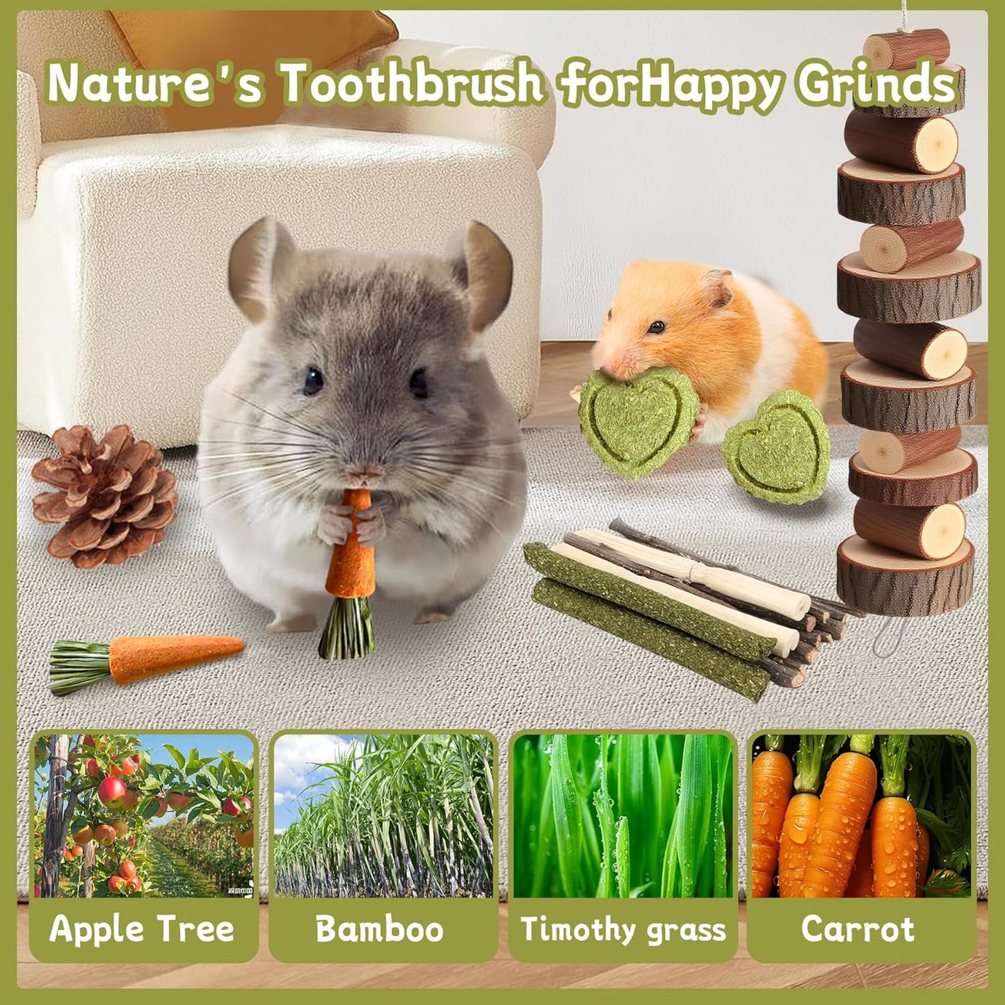 20 PCS Hamster Chew Toys Set, Natural Apple Wood Guinea Pig Toys, Hamster Cage Accessories Include Bridge, Seesaw, Carrot, Timothy Straw Stick Dental Care for Rat Gerbil Chinchilla Rabbits