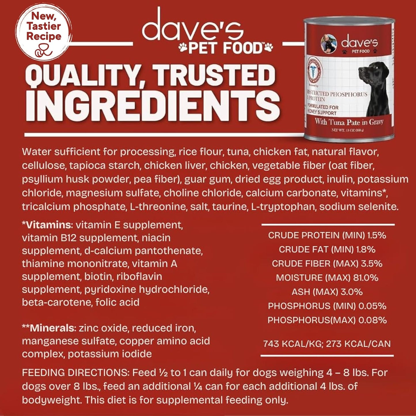 Dave's Pet Food Kidney Care Dog Food (Tuna Pate), New Recipe! Wet Renal Dog Food, Low Phosphorus, Renal Kidney Support, Vet Formulated, 13.2 oz, (12 Pack)