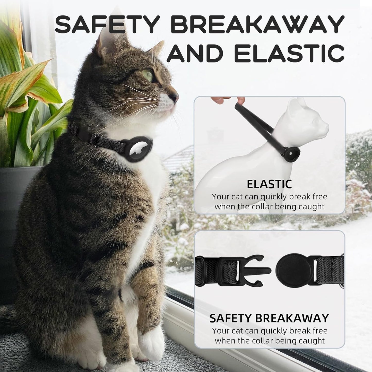 AirTag Cat Collars, Stretchy Collar with Apple AirTag Holder and Bell, Breakaway Ultra Design Elastic GPS Tracking Collars for Cats and Puppies, (7.5-12.5 Inch), Black