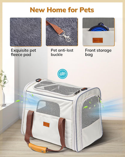 Morpilot Cat Carrier - Soft Sided Cat Carrier Large for Big Medium Cats and Puppy up to 18lbs, Pet Carrier with Safety Zippers, Foldable Bowl, Airline Approved Large Dog Carrier - Beige