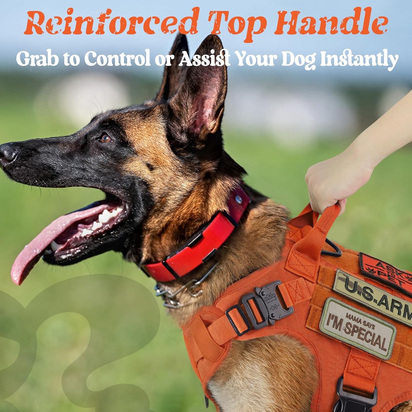 rabbitgoo Tactical Dog Harness for Large, Heavy Duty Pet Harness with Handle, No-Pull Service Vest Large Breed, Adjustable Military Dog Vest for Training Hunting Walking, Orange, L