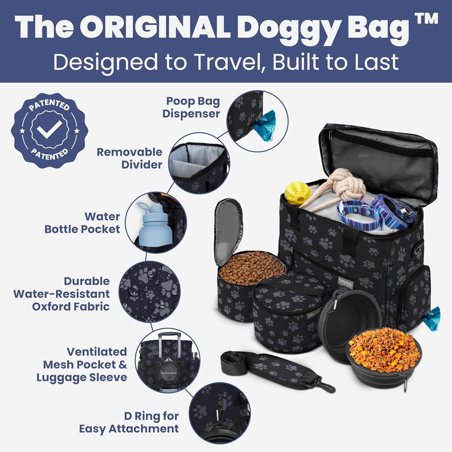 The Original Doggy Bag™- Dog Travel Bag for Supplies - Ultimate Gift for Dog Moms & Dads, Doggy Lovers & Pet Owners for Christmas- Includes 2 BPA-Free Travel Bowls and 2 Food Containers: Paw Print