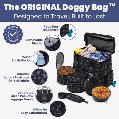 The Original Doggy Bag™- Dog Travel Bag for Supplies - Ultimate Gift for Dog Moms & Dads, Doggy Lovers & Pet Owners for Christmas- Includes 2 BPA-Free Travel Bowls and 2 Food Containers: Paw Print