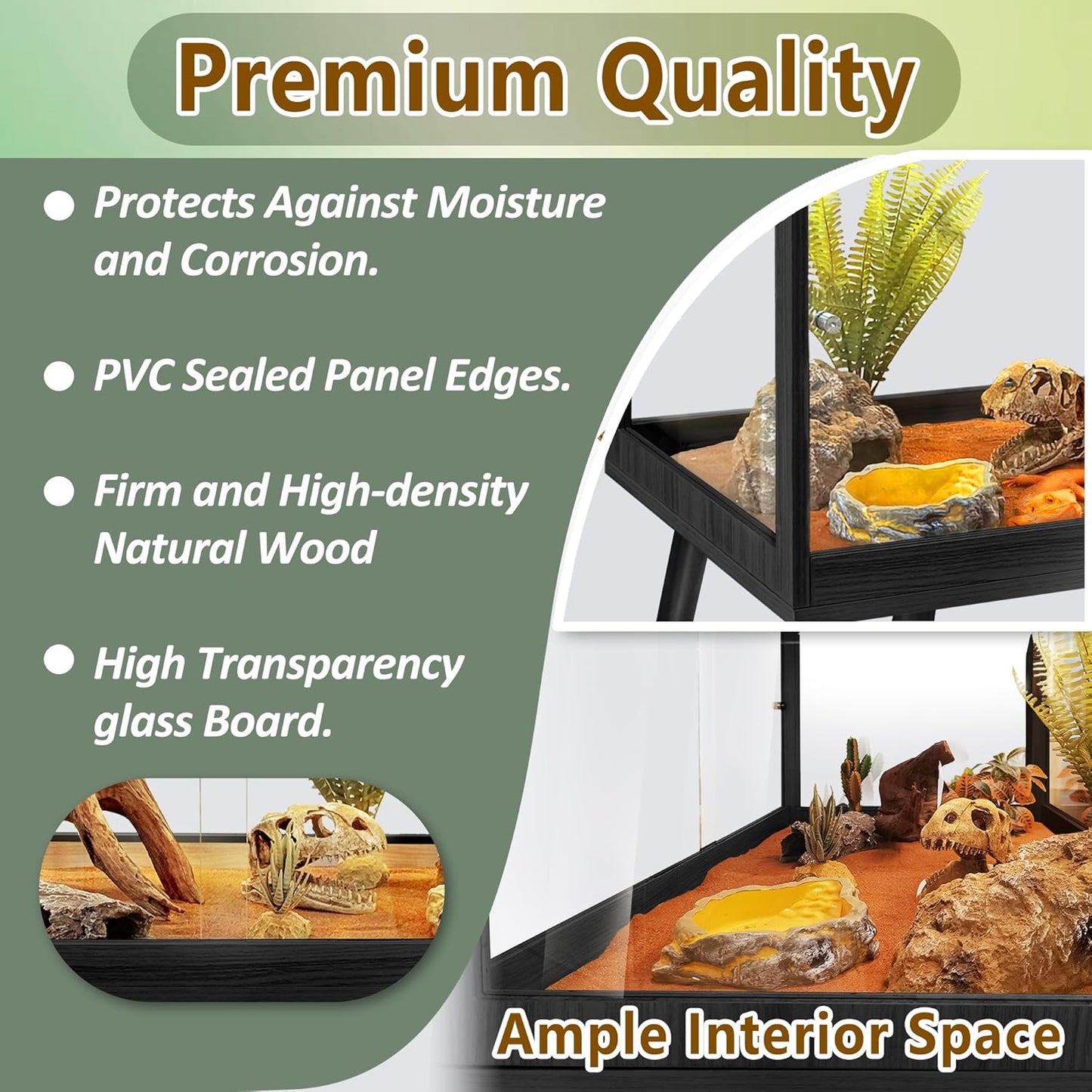 PROLEE Tempered Glass Reptile Enclosure with Leg,24“ Scratch-Proof Bearded Dragon Tank,28 Gallon Lizard Tank with Metal Mesh Tops and Lockable Door,Spacious Reptile Habitat for Snake,Tortoises (Black)