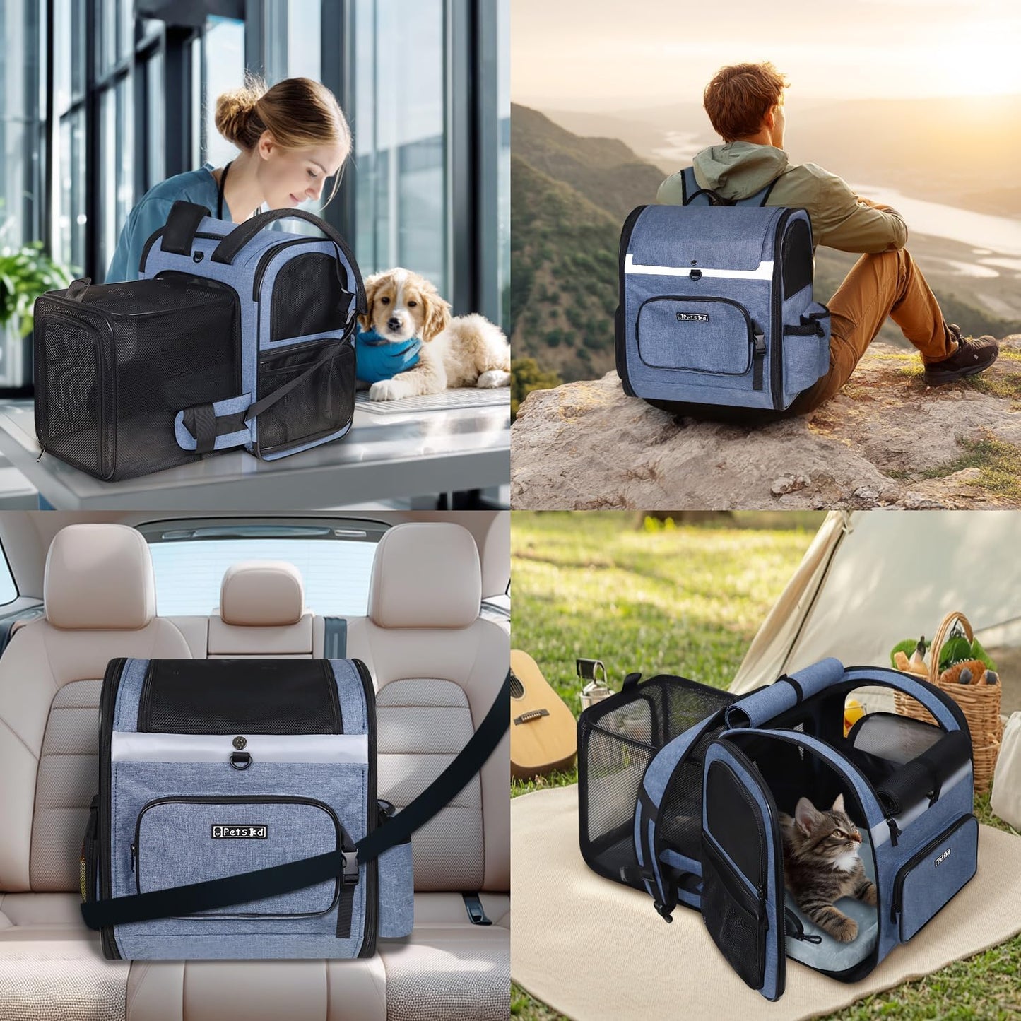 Petskd Expandable Pet Backpack Carrier 16.5x14.5x11 Inches for Small Dogs and Medium Cats,Portable Dog Cat Backpack Carrier for Hiking,Vet,Travel(Blue)