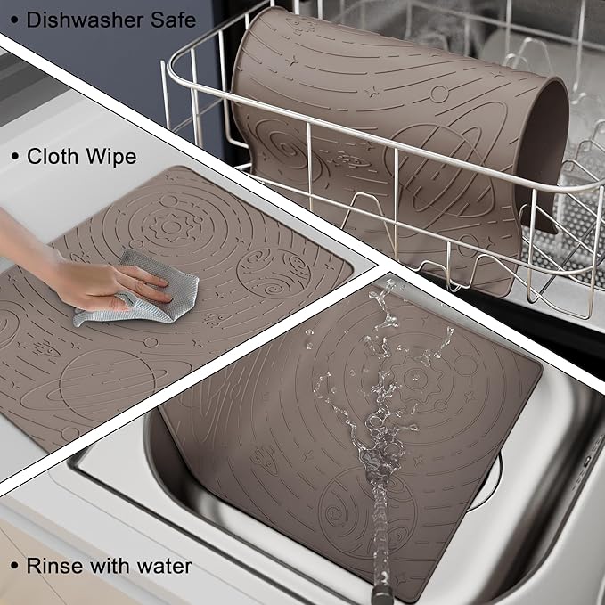 OHMO Dog Food Mat, Silicone Waterproof Cat Food Mat, Non-Skid Spill Proof Pet Feeding Mat for Food and Water, Easy to Clean Dog Placemat(Beige, 18.9" x 11.8")