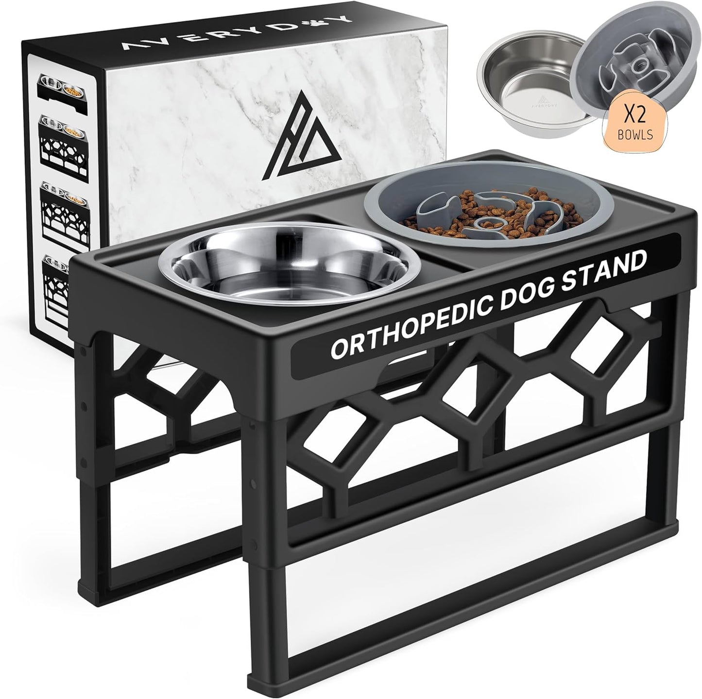 AVERYDAY Small Slow Feeder Dog Bowls Elevated, 4 Height Adjustable Raised Dog Bowl Stand with Stainless Steel Food and Water Bowl, Tall Dogs Feeding Station with Anti-Slip for Small Medium Breeds Dogs
