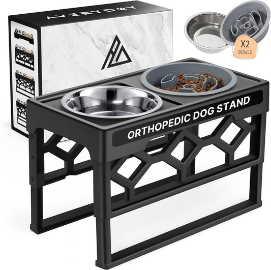 AVERYDAY Small Slow Feeder Dog Bowls Elevated, 4 Height Adjustable Raised Dog Bowl Stand with Stainless Steel Food and Water Bowl, Tall Dogs Feeding Station with Anti-Slip for Small Medium Breeds Dogs