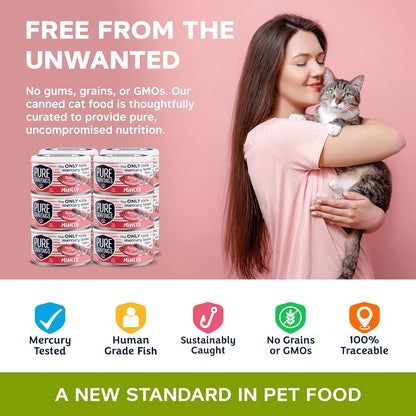 Pure Cravings Minced Tuna and Salmon Wet Canned Cat Food, 100% Mercury-Tested, Moist Can Fish for Cats, Grain-Free, Protein, Non-GMO, 3oz, Pack of 12