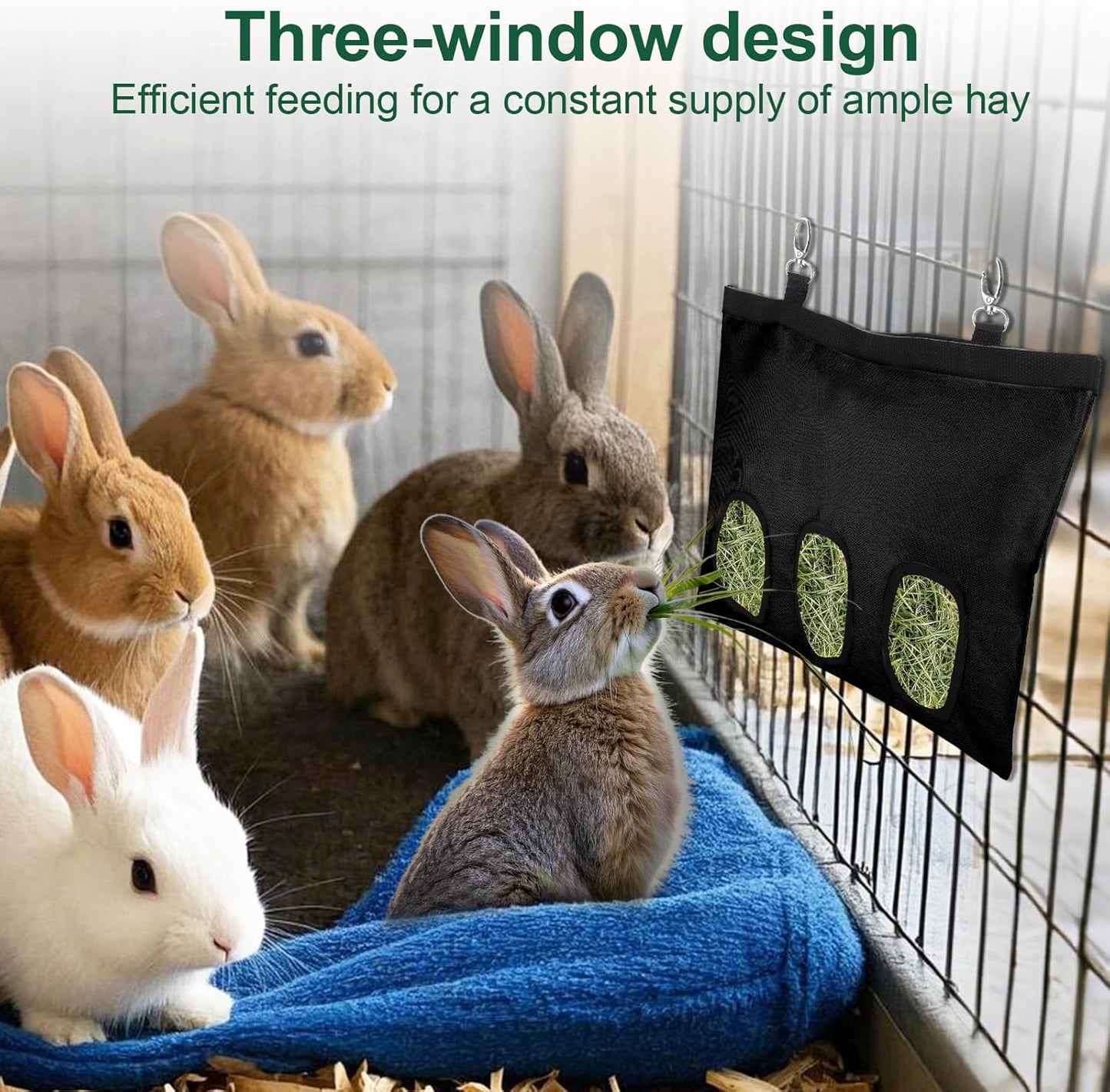 2 Pcs Rabbit Hay Feeder,Guinea Pig Hay Feeder,13×10.8 Inch Guinea Pig Bag,Small Animal Feeding Bag for Rabbits, Hamsters, Hedgehogs (3 Holes,Black)