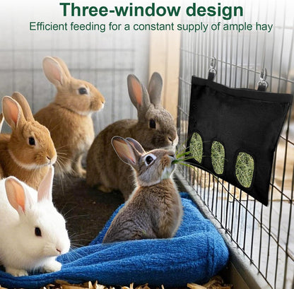 2 Pcs Rabbit Hay Feeder,Guinea Pig Hay Feeder,13×10.8 Inch Guinea Pig Bag,Small Animal Feeding Bag for Rabbits, Hamsters, Hedgehogs (3 Holes,Black)