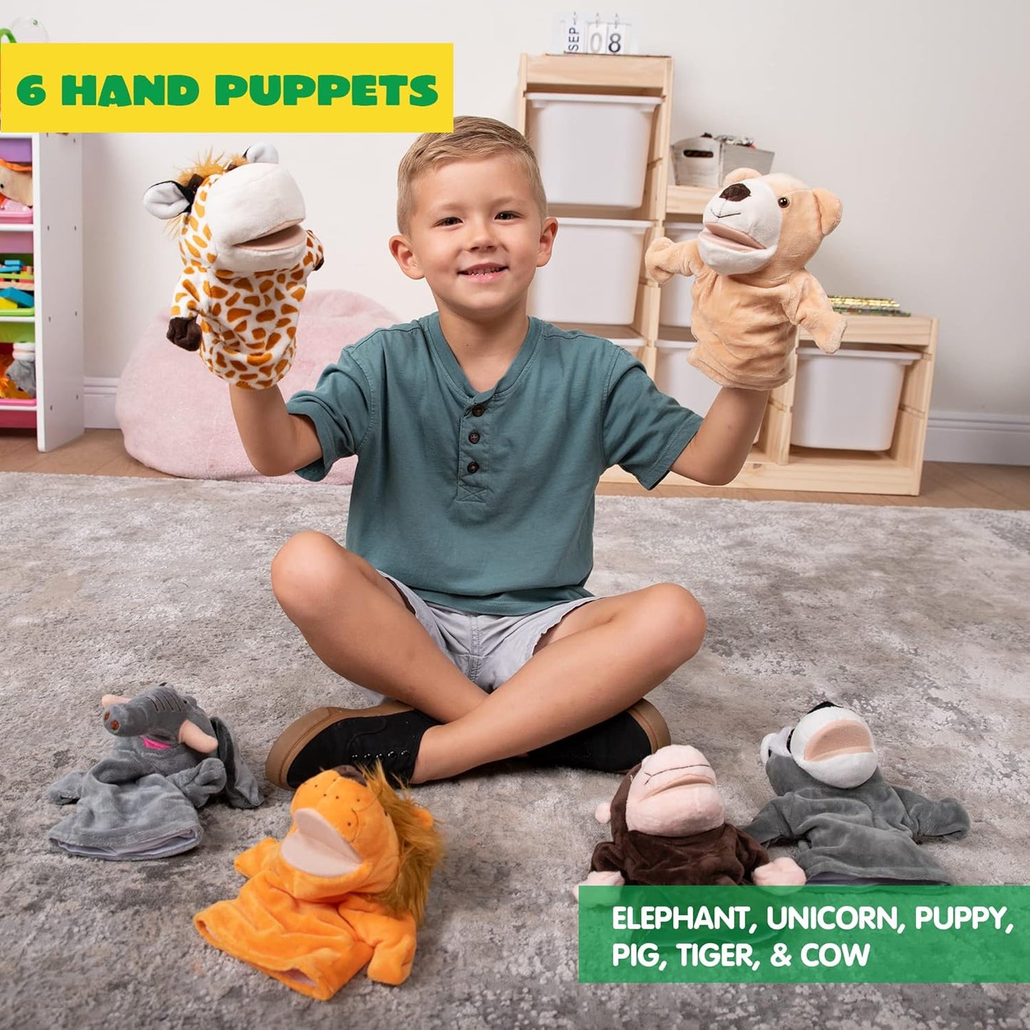JOYIN 6Pcs Kids Hand Puppet Set with Working Mouth, Toddler Animal Plush Toy Includes Elephant, Giraffe, Lion, Bear, Raccoon and Monkey for Show Theater, Christmas Birthday Gifts for Kid