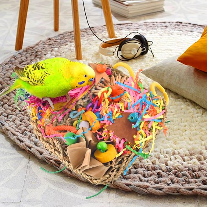 KATUMO Conure Toys, Bird Grass Mat Parakeet Shredder Hanging Toy Cockatiel Foraging Entertainments Parrot Climbing Wall Chewy Lovebird Cage Playthings for Small to Medium Birds