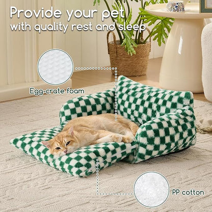 Hollypet Cat Bed Fluffy Plush Mutifuctional Double-Layer Soft Pet Couch Orthopedic Sofa Nest Beds for Small Cats and Dogs, Forest Green and White (21x15x8 inch)