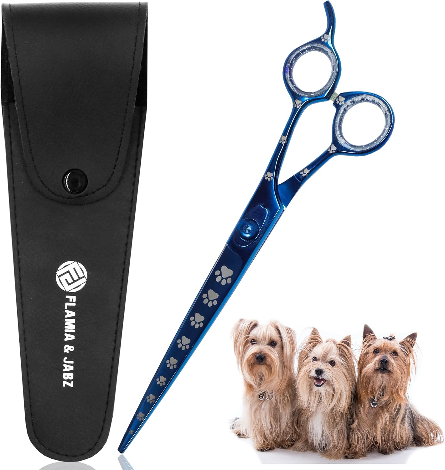 Professional Dog Grooming Scissors/Shears, Straight, with Paw Prints for Dogs, Cats & Pets (Right Handed, Blue, Stainless Steel 8 Inch)