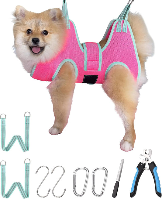 Dog Grooming Hammock,XS Pink Hanging Harness Holder for Nail Clipping/Trimming,Grooming Sling Hanger with Thick Fabric Neck Support,Strap Restraint for Claw Care