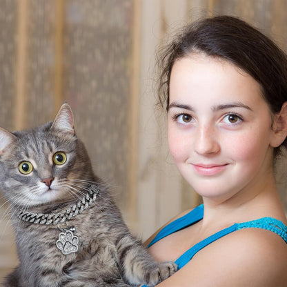 Hillban Cat Collar Diamond Chain Glitter Collar Walking Metal with Secure Buckle Cat Pet Necklace with Paw Charm and ID Tag Bell Link Cuban Jewelry Accessories(10 Inch,Steel Black, White)