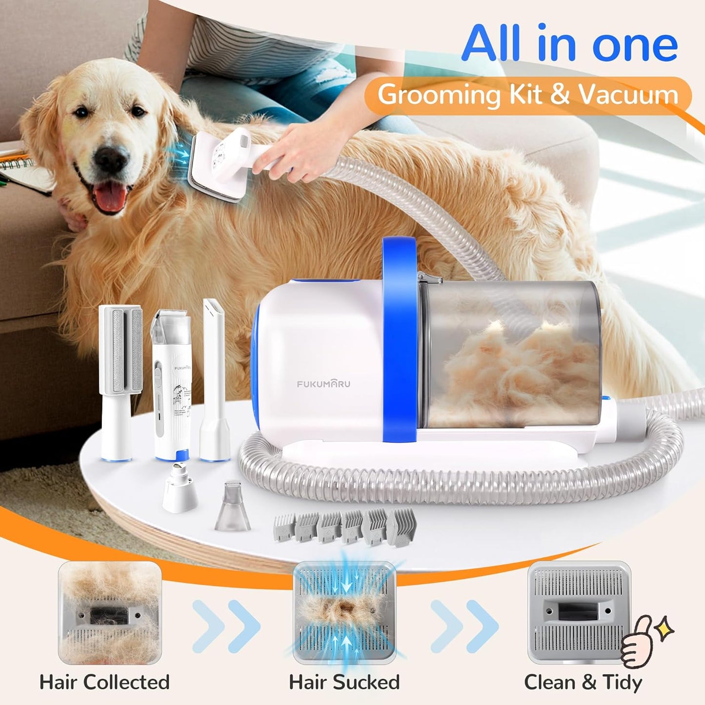 FUKUMARU Dog Grooming Vacuum & Pet Vacuum Grooming Kit, Pet Groom Tools for Dog Hair Shedding, 2L High-Capacity Cup, 6 Professional Tools with Dogs Nail Grinder and Cat Fur Clipper