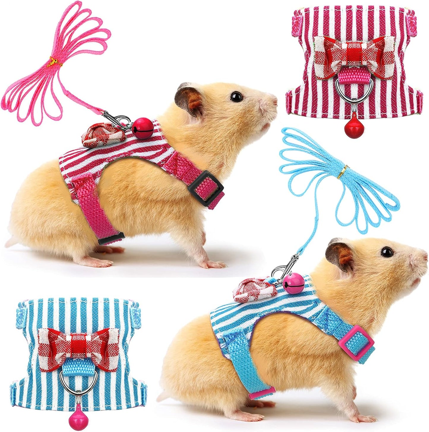 2 Pieces Hamster Harness and Leash Set for Walking, Small Guinea Pig Clothes with Bowknot Bell, No Pulling Comfort Padded Vest Striped for Guinea Pig Hamster Ferret, Small Animals (Blue, Pink,S)