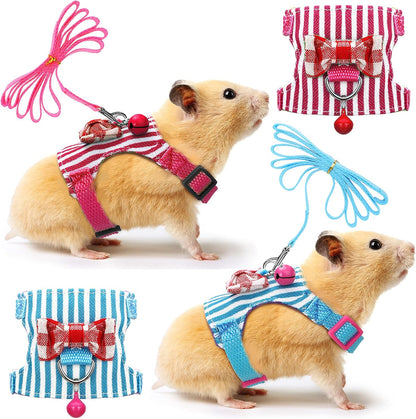 2 Pieces Hamster Harness and Leash Set for Walking, Small Guinea Pig Clothes with Bowknot Bell, No Pulling Comfort Padded Vest Striped for Guinea Pig Hamster Ferret, Small Animals (Blue, Pink,S)