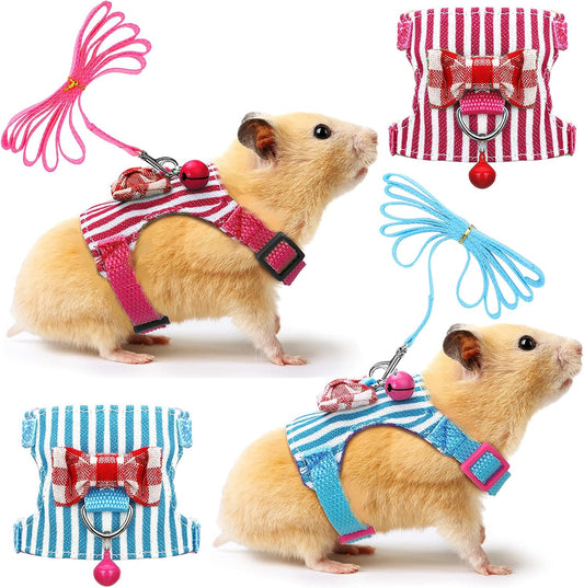 2 Pieces Hamster Harness and Leash Set for Walking, Small Guinea Pig Clothes with Bowknot Bell, No Pulling Comfort Padded Vest Striped for Guinea Pig Hamster Ferret, Small Animals (Blue, Pink,S)