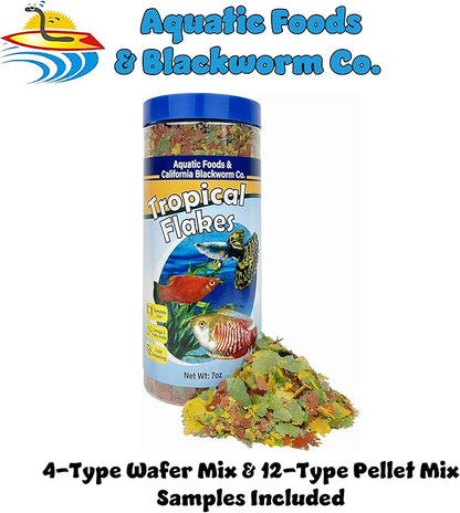 Aquatic Foods Inc. Premium Tropical Fish Flakes, for Angel Fish, Guppies, Live Bearers, Loaches, Gouramis, Cichlids, All Tropical Fish. 12-Type pellets and 4-Type Wafers Included..7.0oz Canister