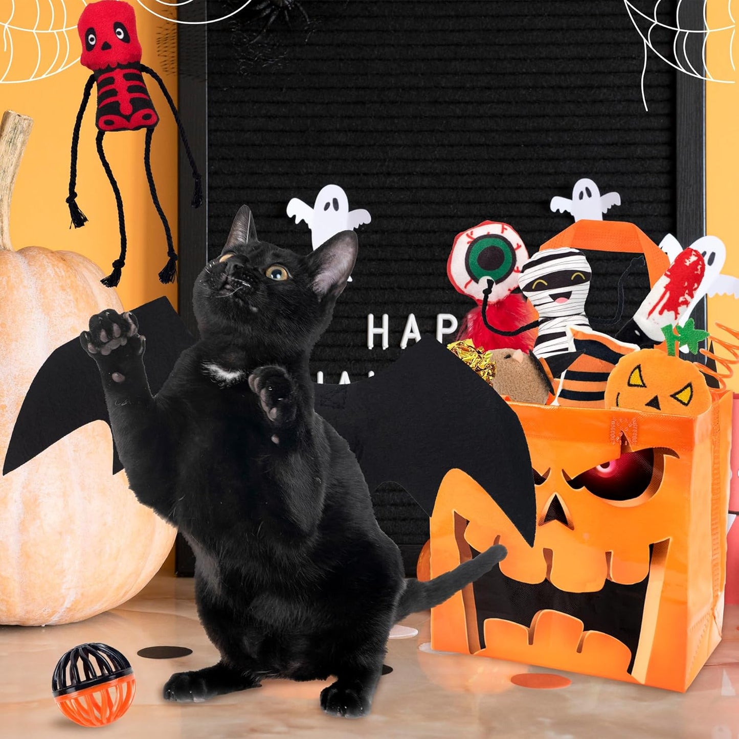 12pcs Halloween Cat Toys w/Bat Wings Costume & Organized Bag Set, Various Plush Cat Catnip Toys for Indoor Cats Kitten Teething Chewing Halloween Play