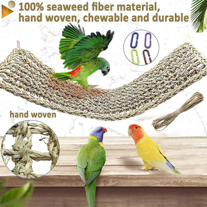 Bird Seagrass Mat 16 × 7" Parrot Natural Grass Woven Net Hammock Parakeet Climbing Rope Ladder Mat Chew Toys Cage Accessories for Pigeon Cockatiel Conure Budgie Cockatoo Rat Hamster