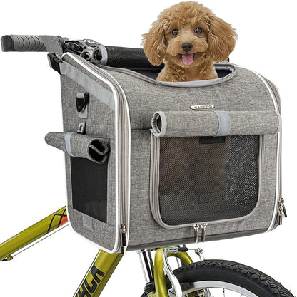Dog Bike Basket, Expandable Soft-Sided Pet Carrier Backpack with 4 Open Doors, 4 Mesh Windows for Small Dog Cat Puppies - Grey