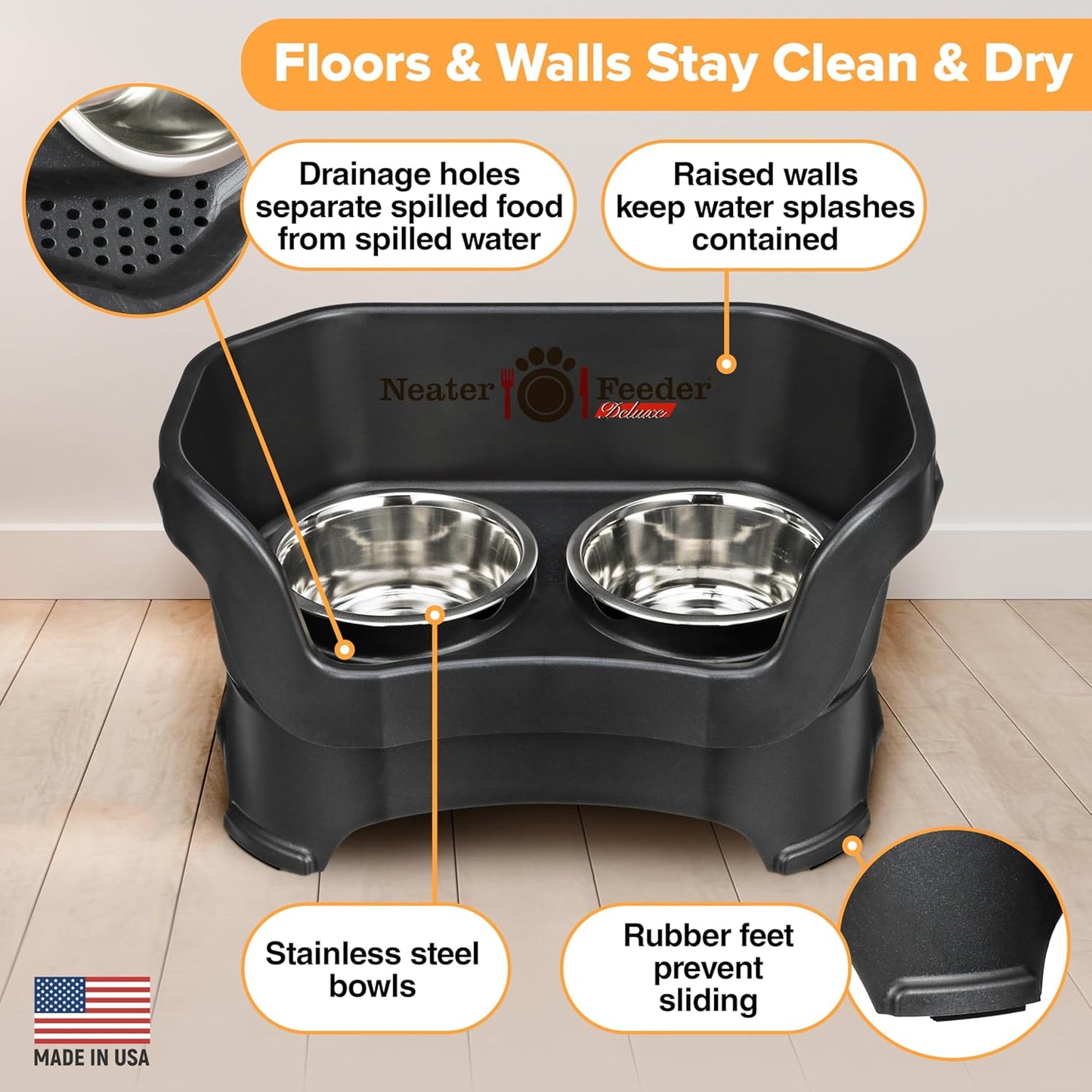 Neater Pet Brands Neater Feeder Deluxe Mess Proof Dog Bowls Elevated for Medium Dogs 19-40 lbs, Made in USA, No Spill Raised Dog Food Bowl Stand Feeding Station, Food and Water Bowl Set, Black