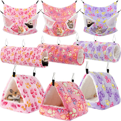 Abbylike 9 Pieces Rat Hammock 3 Tier Guinea Pig Ferret Hammocks Small Pet Hanging Tunnel Glider Toy Guinea Pig Ferret Hideout Bed Cage Accessories for Hamster(Purple, Pink, Rose Red,Paw)