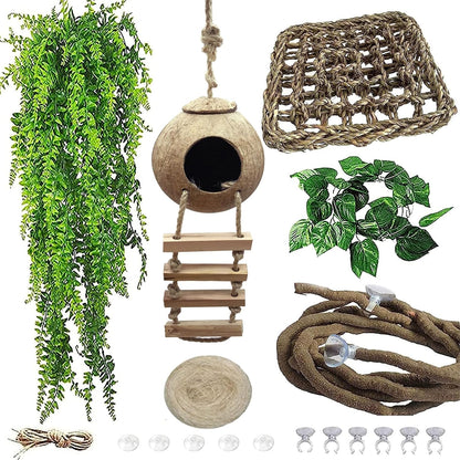 Crested Gecko Tank Accessories,Gecko Coconut Hut Hideout with Ladder Reptile Hammock Lizards Hanging Plants Flexible Climbing Jungle Vine Leaves Terrarium Decor