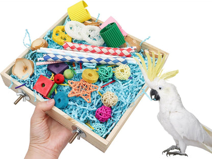 Bird Foraging Toys Box, Wooden Parrot Shredding Toys Box, Bird Chewing Toys, Birdcage Accessories, Suitable for Small Birds Parakeets Cockatiels Love Birds Conures